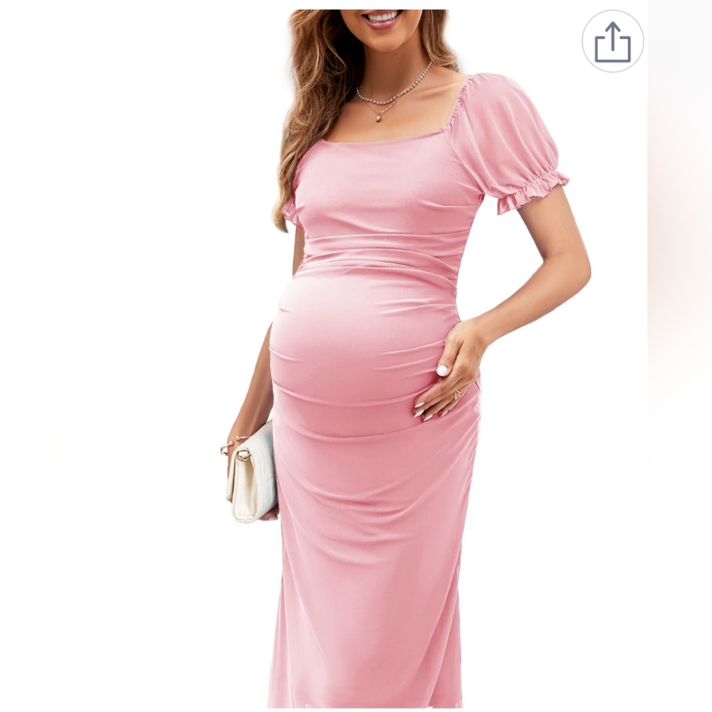 Maternity- Pink Ruched Bodycon Midi Dress with Puff Sleeves